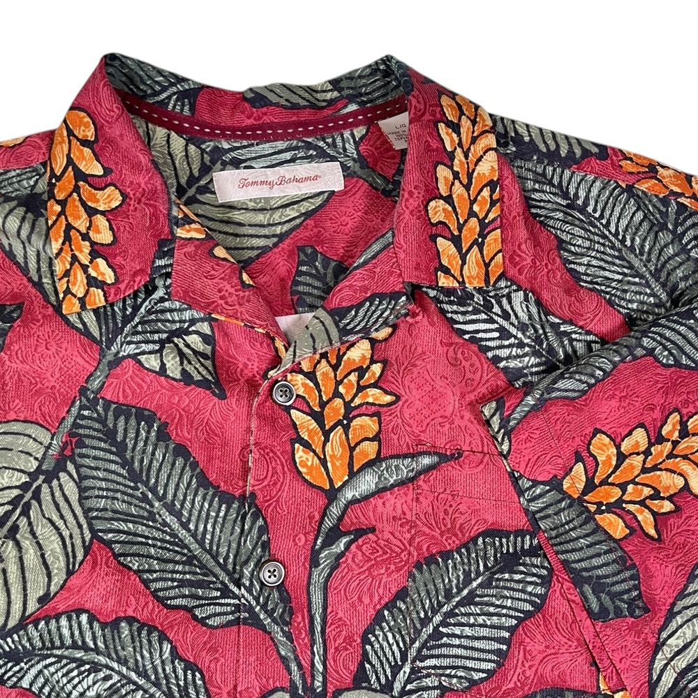 Tommy Bahama L Red Silk Button Up Shirt Tropical Ginger Flower Print Island Camp